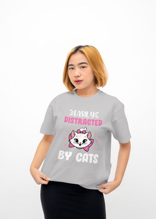 Easily Distracted By Cats Printed  Cotton T-Shirt for Women (Black/Grey)