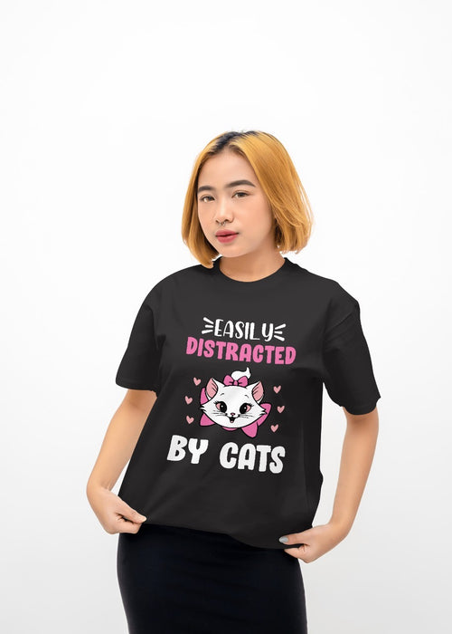Easily Distracted By Cats Printed  Cotton T-Shirt for Women (Black/Grey)